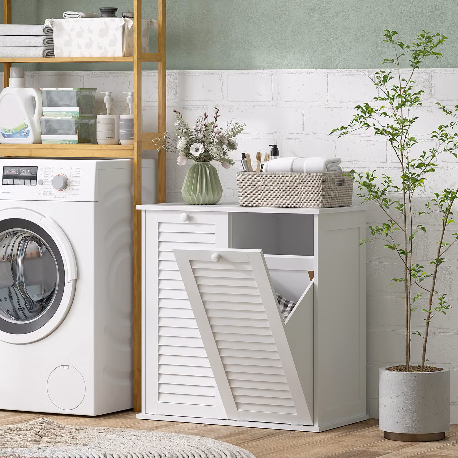 Mobile bagno HOMCOM bianco con cesto portabiancheria, 2 cestini e ante a persiana L: 70 cm, P: 38 cm, H: 73 cm – 2