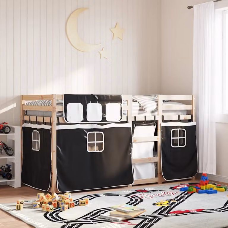 Letto a Castello vidaXL in Legno di Pino per Bambini, Bianco e Nero, L/P/H: 200 x 80 x 177,5 cm