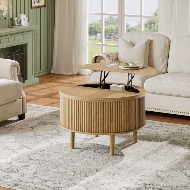 Tavolino da caffè rotondo Minimal effetto legno naturale beige, altezza regolabile, L: 80 cm, P: 80 cm, H: 50 cm – 1