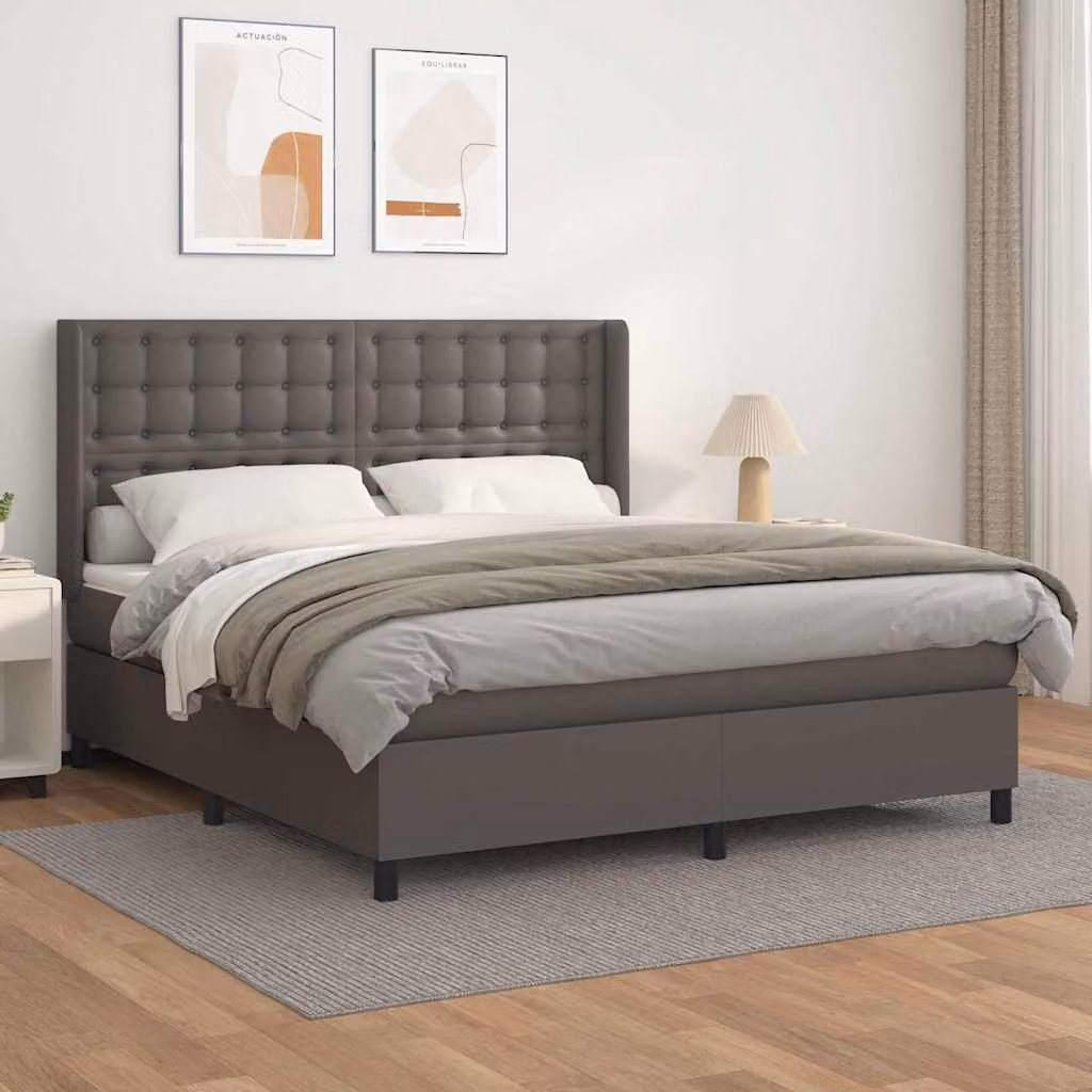 vidaXL Giroletto a Molle con Materasso Grigio e Bianco L/P: 160 x 200 cm in Similpelle e Tessuto – 1