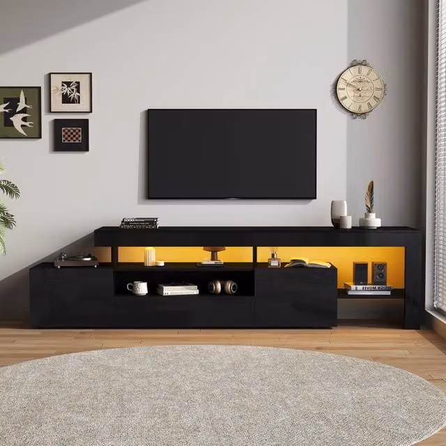 Mobile TV nero lucido 192x37x53 cm con LED, 3 ante, per TV fino a 85 pollici