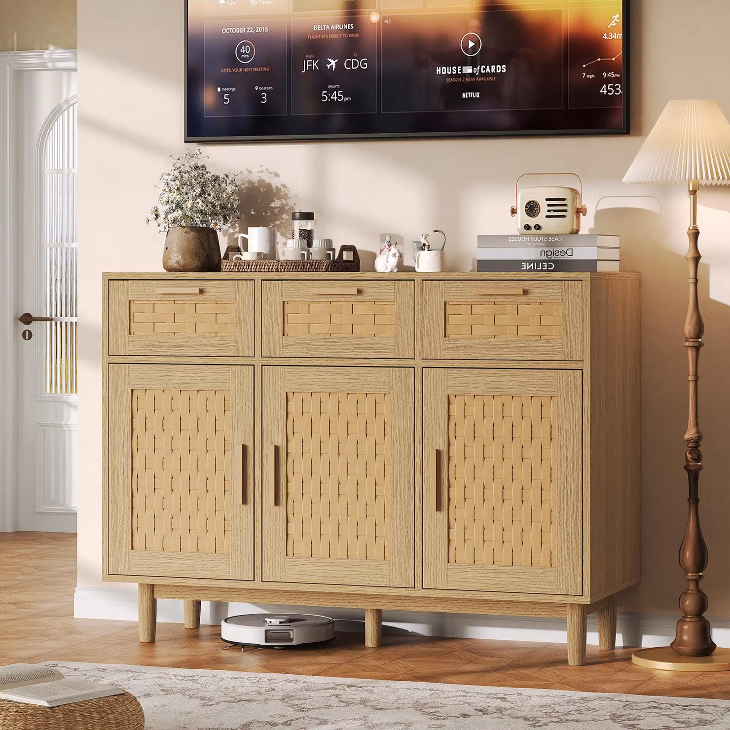UnboxG Credenza in legno massello di rovere 107,9x40x80 cm – Comò con 3 cassetti e 3 ante, armadio camera da letto mobili soggiorno, stabile e moderno
