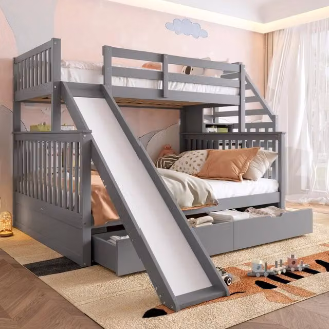 Letto a castello 90x200/140x200 cm con scivolo e cassetti