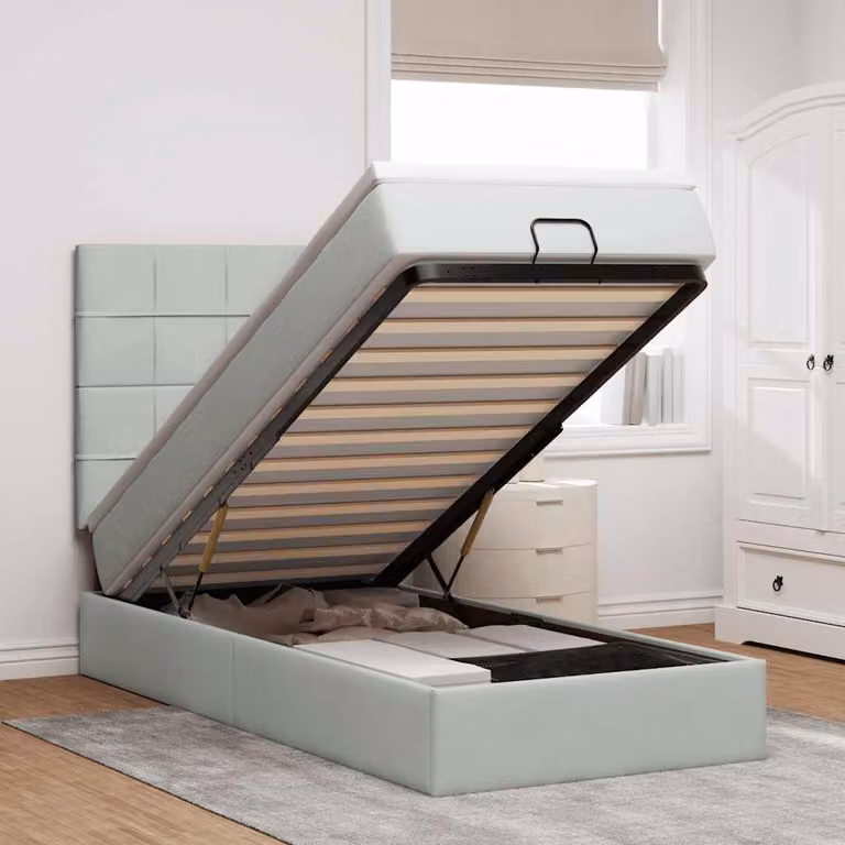 Letto con Pouf e Materasso vidaXL in Velluto con Base a Sollevamento, Illuminazione Sotto il Letto e Porte USB, L/P/H: 190 x 90 x 128 cm