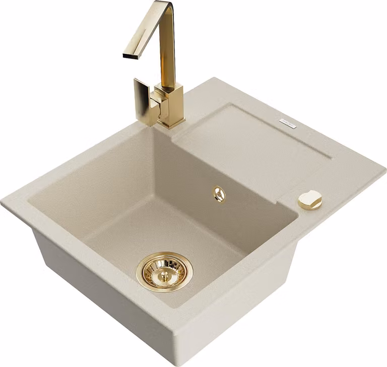 Mexen Enzo lavello in granito a una vasca con scolapiatti e miscelatore cucina Rita, beige - 6506-69-670300-50