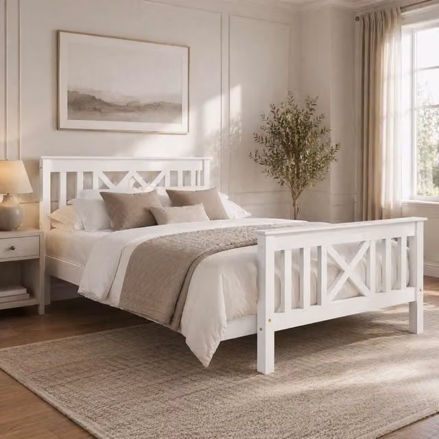 Letto singolo 90x200 cm bianco struttura in legno con testiera a X e rete a doghe, senza materasso