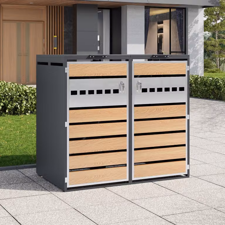 Box per bidoni della spazzatura Merax con coperchio ribaltabile e 2 scomparti, rivestimento per bidoni della spazzatura chiudibile a chiave con effetto legno e acciaio, per giardino e esterni