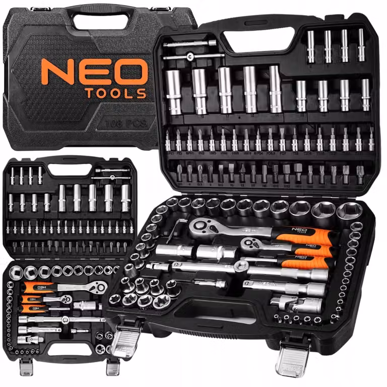 NEO TOOLS set di chiavi a bussola con cricchetti 108 pezzi valigetta in acciaio CrV da 1/2" e 1/4"