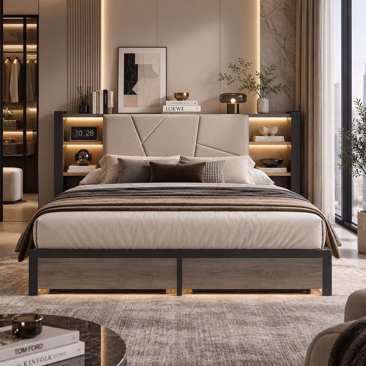 Letto matrimoniale in metallo imbottito, dimensioni 160x200, con illuminazione a LED e funzione di ricarica USB, dotato di testiera, spazio contenitivo e 2 cassetti, rivestito in PU, colore nero