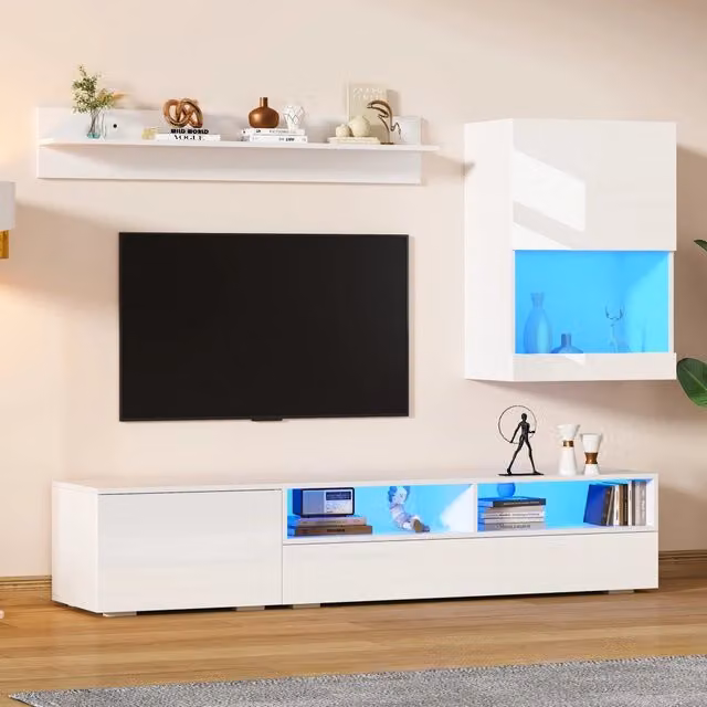 Set di mobili da soggiorno Mivray moderno con mobile TV, pensile e mensola con LED controllabile tramite smartphone, finitura bianca lucida