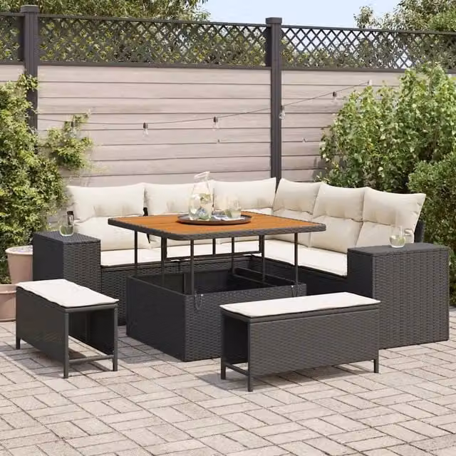 Set Divano da Giardino 8 pz 7-Numero di posti Nero e Crema 3363945