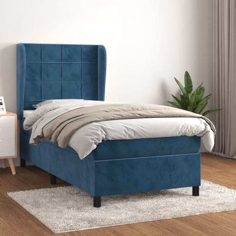 The Living Store Letto a molle con materasso blu scuro 100x200 cm in velluto
