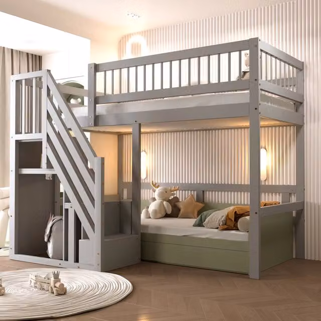 Letto singolo in legno massello grigio con scala contenitiva 90x200 cm