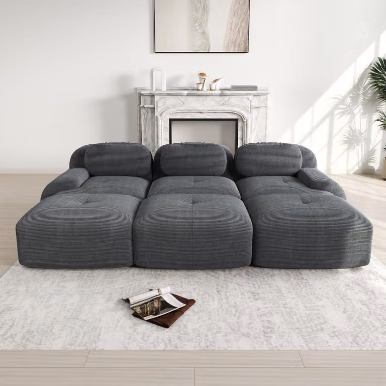 Sweiko Divano modulare a 3 posti con 3 sgabelli in tessuto a coste, consegna senza montaggio, adatto agli animali domestici, braccioli ultra larghi, rivestimento ad alta resilienza 32D per soggiorno e home cinema, Grigio