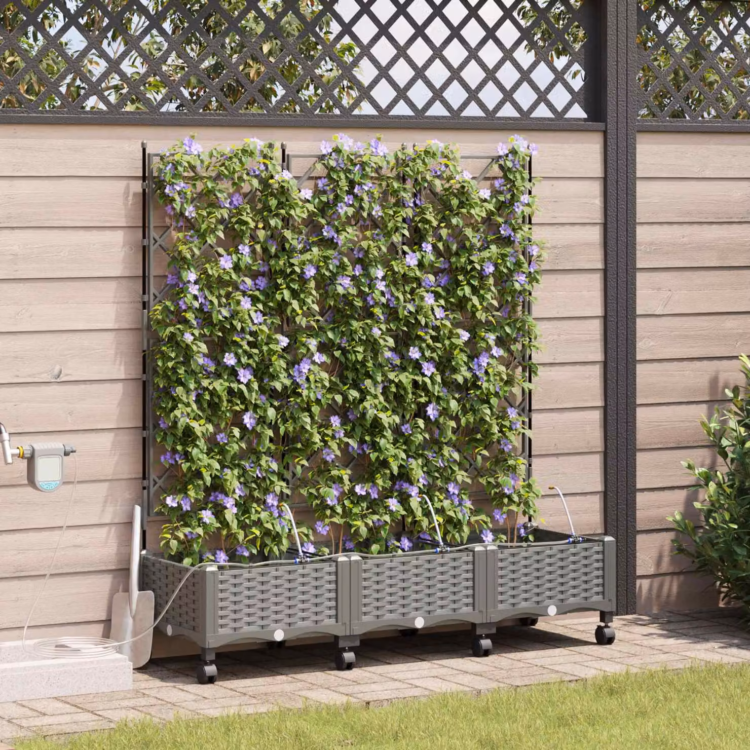 Set di 3 vasi da giardino con irrigazione e ruote vidaXL, colore grigio chiaro, in plastica