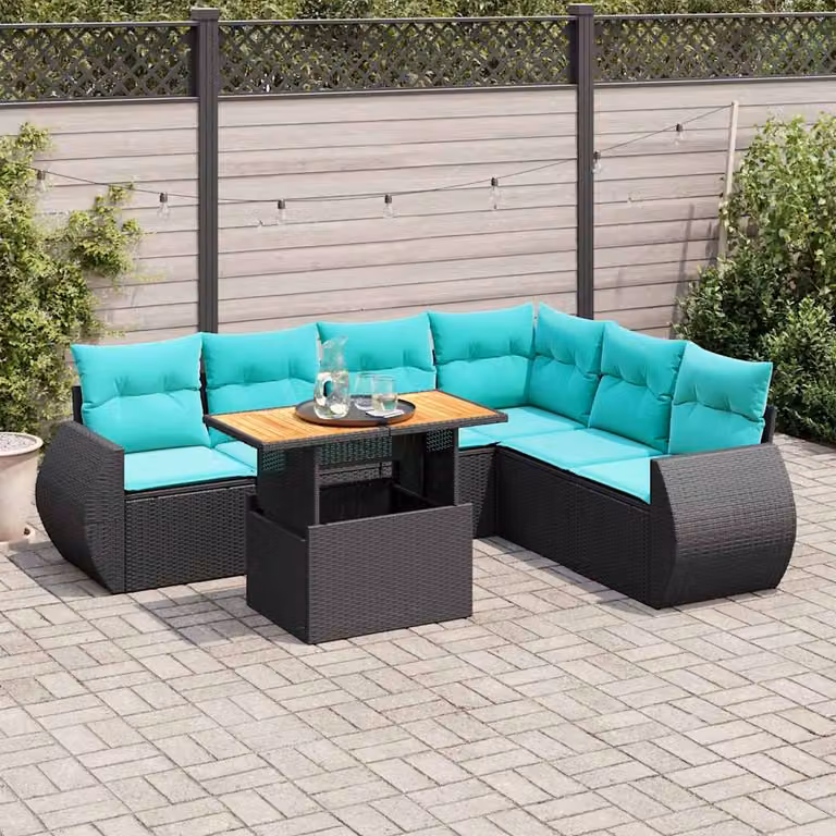Set Divano da Giardino a L con Cuscini vidaXL in Polyrattan Nero e Blu con Tavolino da Esterno e Struttura in Acciaio
