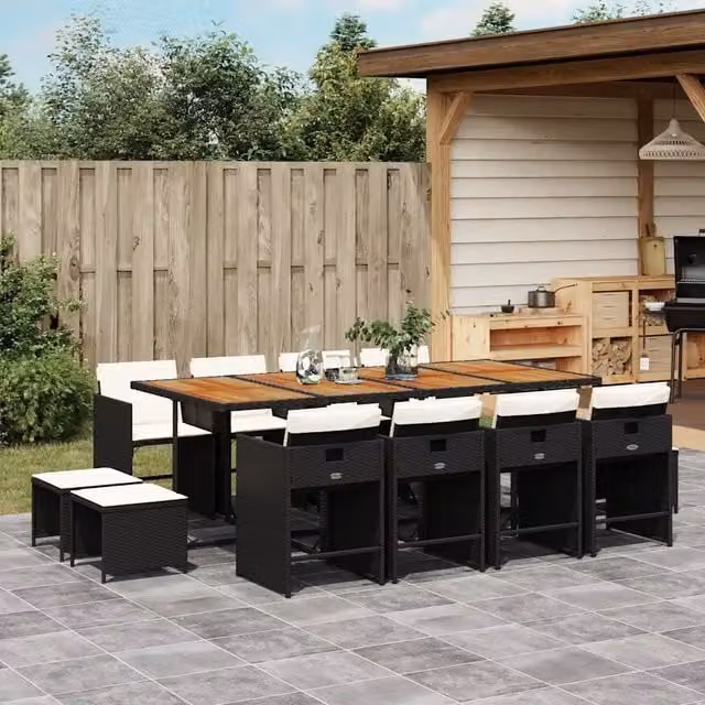Set da Pranzo da Giardino 13pz con Cuscini Nero in Polyrattan 3211167