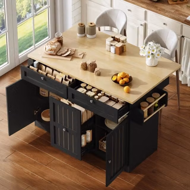 Isola cucina mobile in MDF nera con piano pieghevole; cassetti e ruote bloccabili; 120 × 45/70 × 92 cm