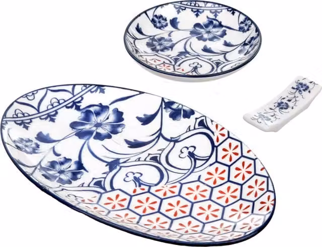 Set sushi Sushiko in gres porcellana da 3 pezzi con decori blu, rossi e bianchi