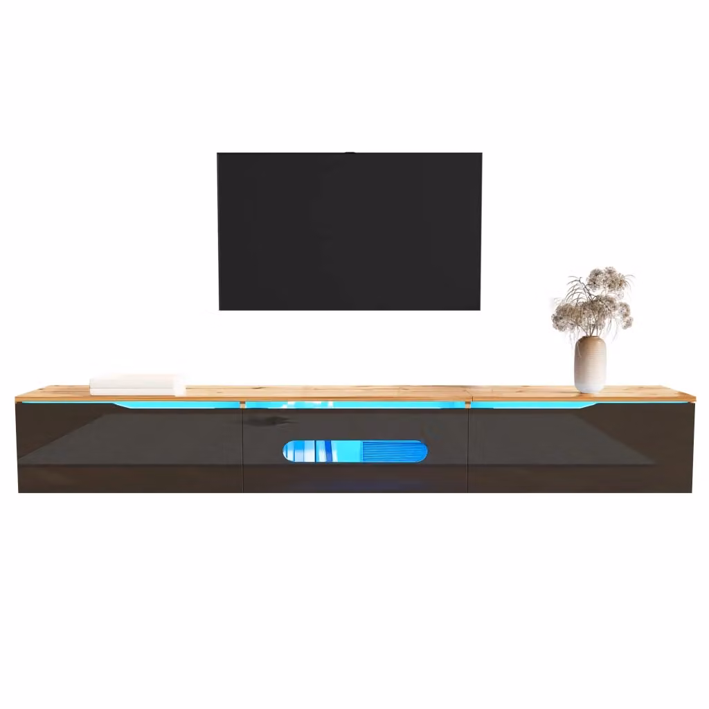 Credenza TV moderna KOMHTOM in MDF e legno, colore nero e marrone con illuminazione integrata, L: 180 cm, P: 35 cm, H: 30 cm – 2