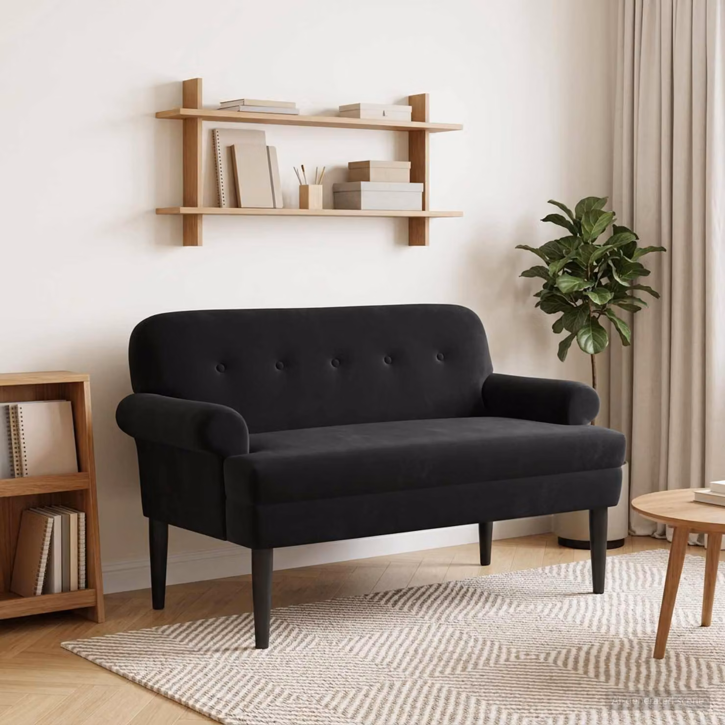 Loveseat vidaXL in velluto nero con bottoni imbottiti, L: 120 cm, P: 66 cm, H: 78 cm