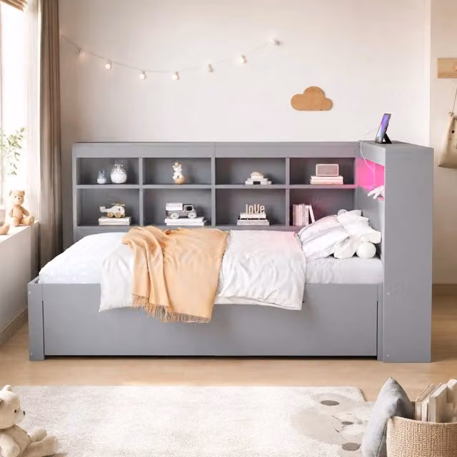 Letto matrimoniale multifunzionale ULEVR 140x200 cm con cassetti, ripiani, LED RGB e presa USB, grigio