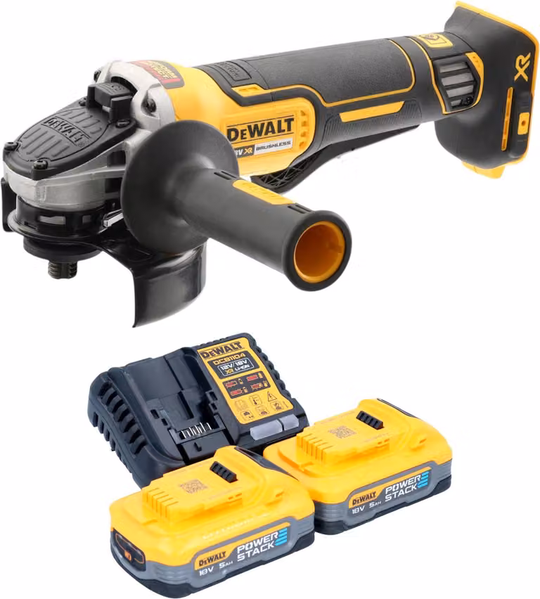 Smerigliatrice angolare a batteria DeWalt DCG 406 H2 18 V 125 mm Brushless + 2x batterie Powerstack 5,0 Ah + caricabatterie