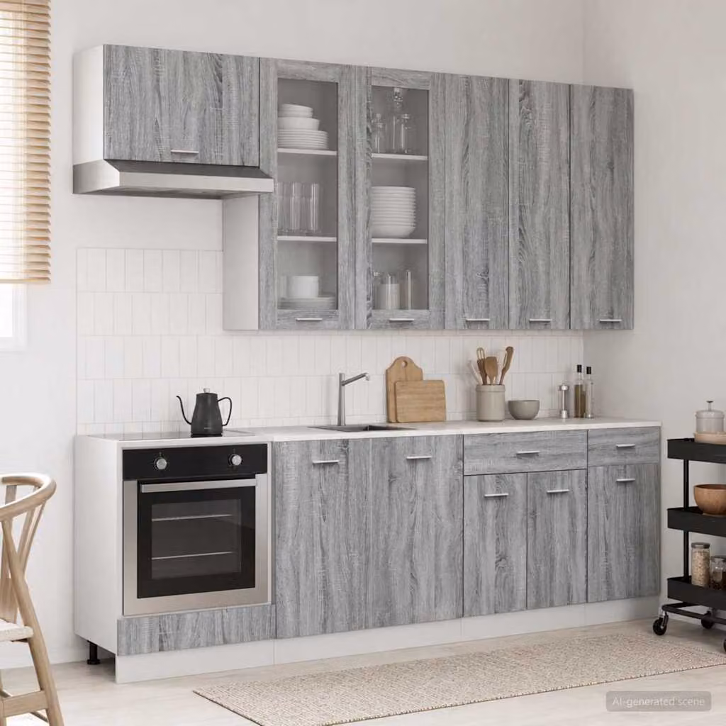 vidaXL Unità Cucina LYON 8 Pezzi Moderna in Legno Ingegnerizzato e MDF Grigio con Ante in Vetro