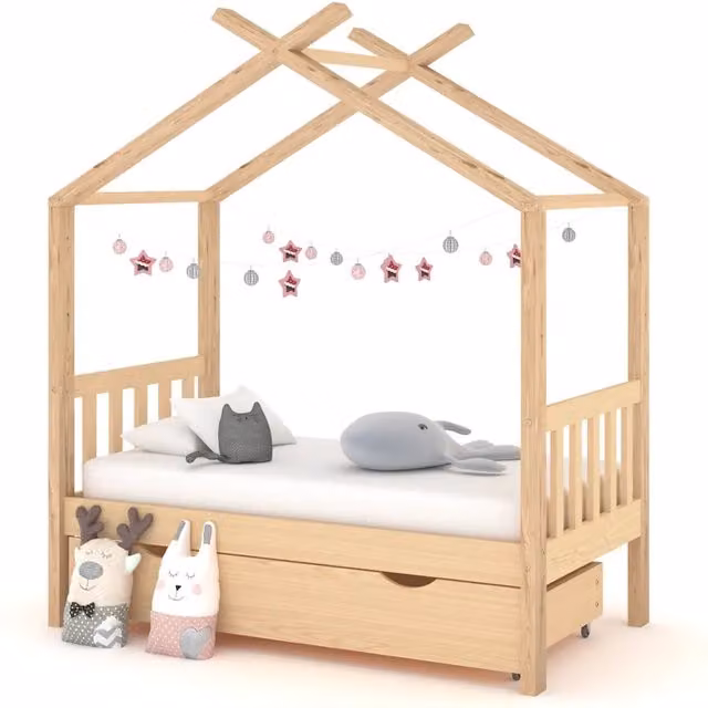 Giroletto per bambini vidaXL in legno massello di pino con cassetto, stile scandinavo, L 140 x P 70 x H 77 cm