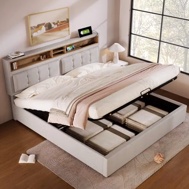Letto contenitore matrimoniale OKWISH beige con testiera regolabile, prese USB e tipo C, L/P/H: 140 x 200 x 92 cm