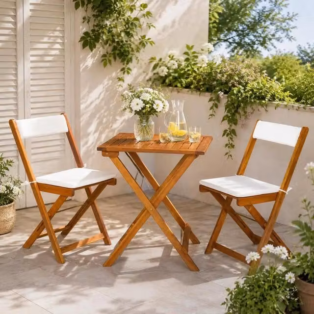 3-piece Foldable Bistro Set With Cushions, Solid Acacia Wood