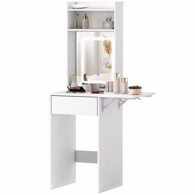 Mobile Trucchi Minimal con Specchio e Luci LED in MDF Bianco, Piano Pieghevole, Ripiani e Cassetto – 2