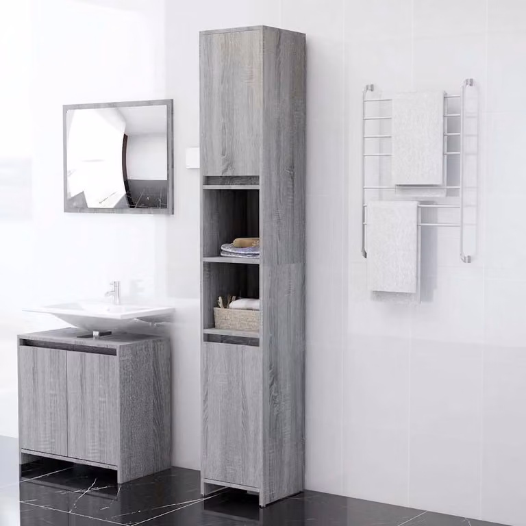 Armadio da bagno moderno vidaXL in legno MDF grigio con ante a battente e ripiani interni, L 30 cm x P 30 cm x H 183,5 cm