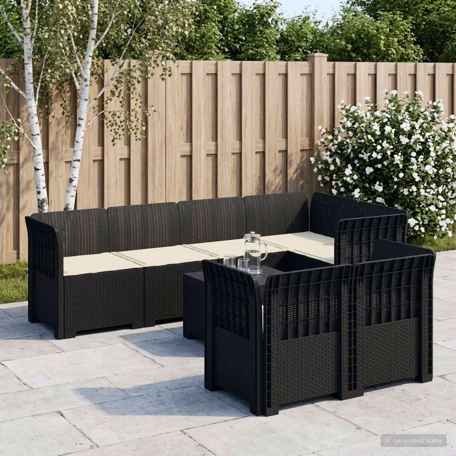 Divano da giardino a forma di U vidaXL per 7 persone in polyrattan con cuscini inclusi e coperture rimovibili, antracite, beige o nero