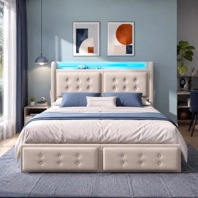 Letto imbottito 140x200 cm beige con LED, USB-C, prese e 4 cassetti