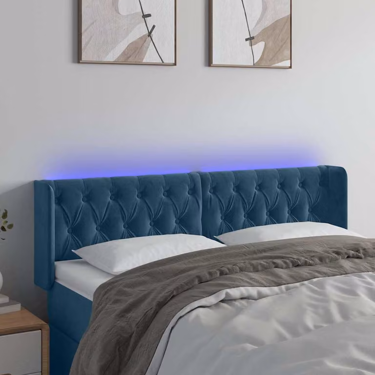 Testiera per letto vidaXL in velluto blu scuro con illuminazione LED e porta USB, L: 163 cm, P: 16 cm, H: 78-88 cm