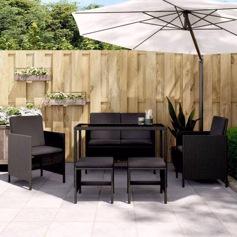 Set da pranzo da giardino vidaXL in polyrattan nero con 6 sedie e cuscini e tavolo in vetro