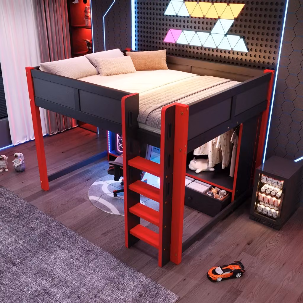 Letto a castello WISHDOR in legno di pino con scrivania gaming, armadio, scaffali e illuminazione LED, nero e rosso, L/P: 200 x 140 cm – 2