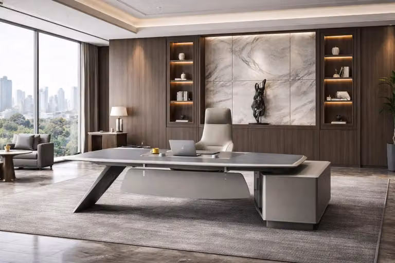 Scrivania d'angolo grigia moderna, elegante scrivania da ufficio