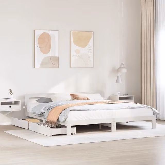 Giroletto senza Materasso-Struttura Letto Bianco 200x200 cm Legno Massello Pino 777133