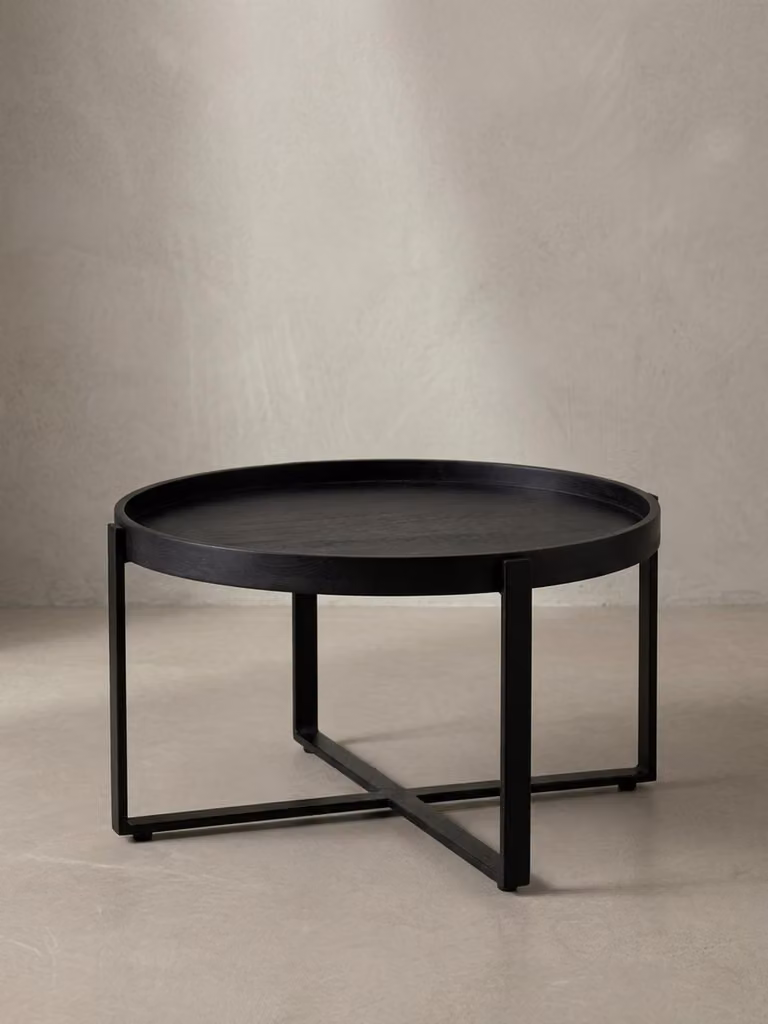 Tavolino da salotto 60x60x35 cm in legno massello di mango / metallo nero Tavolino rotondo, tavolino da salotto di design con bordo rialzato, tavolino da caffè industriale Salotto moderno