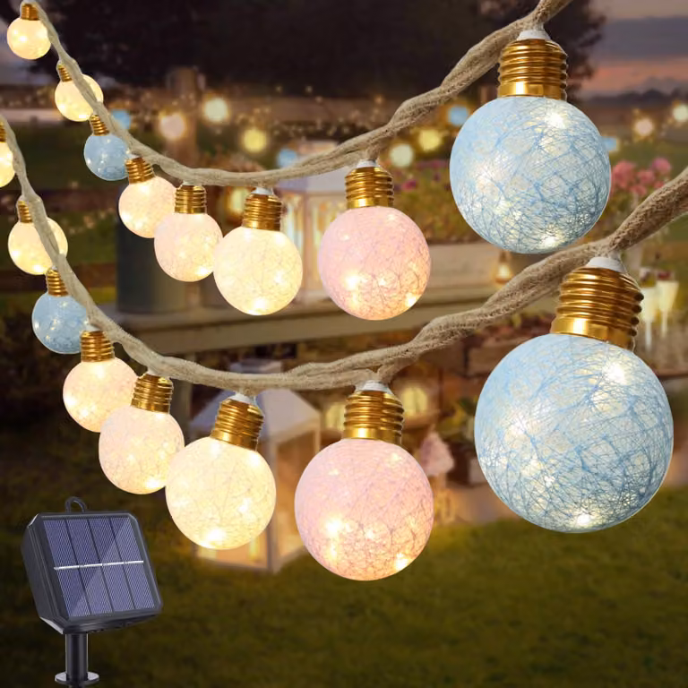 Catena luminosa solare, luce bianco caldo, 6 metri, 16 palline di cotone, resistente alle intemperie, con LED