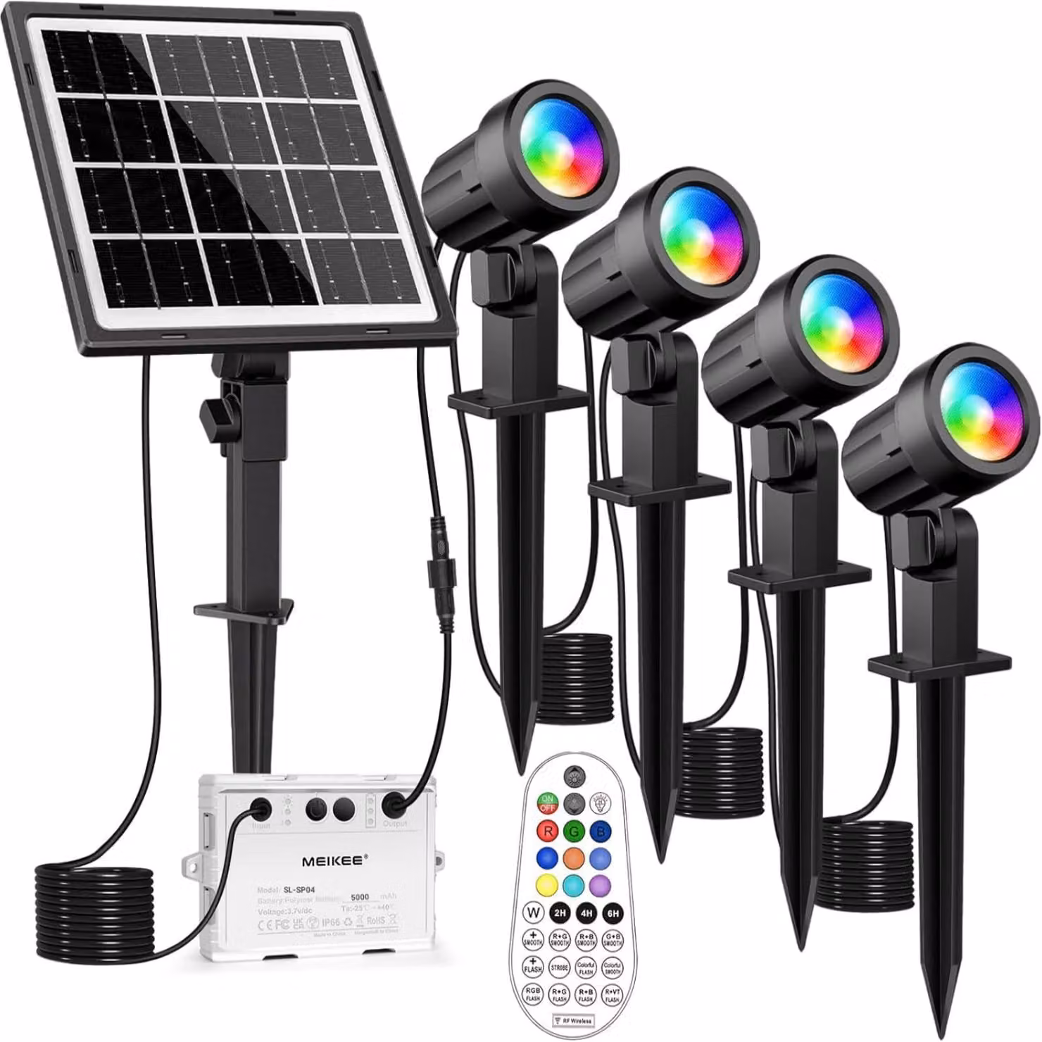 Faretto solare RGB 4-in-1, grado di protezione IP66, batteria da 5000 mAh, con telecomando, ideale per l'esterno