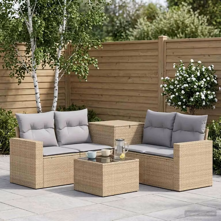 Set di divani da giardino vidaXL in polyrattan con forme a L, colore beige e grigio, composto da 6 pezzi con cuscini inclusi e tavolino da caffè