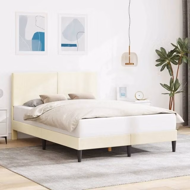 Struttura letto con giroletto in tessuto a coste beige L/P: 140 x 190 cm