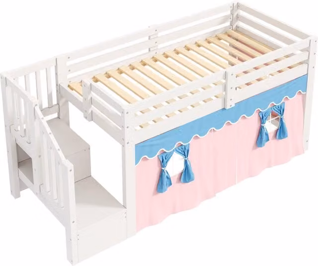 Letto a soppalco singolo moderno in legno e MDF con scale, illuminazione LED sottostante e ripiani laterali, L/P/H: 90 x 200 x 253 cm, bianco