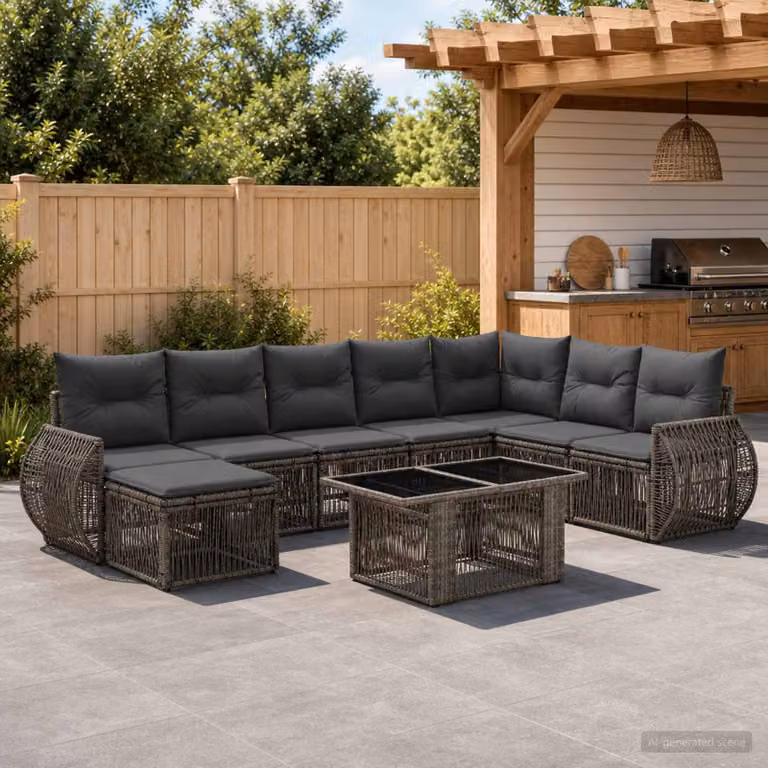 Set Divano da Giardino vidaXL 9 Pezzi a Forma di U in Polyrattan Grigio e Antracite con Cuscini e Tavolino