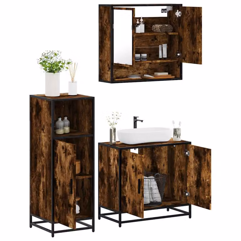 Set di mobili da bagno vidaXL 3 pezzi in stile industriale color rovere fumo con mobile lavabo, pensile e armadietto con specchio
