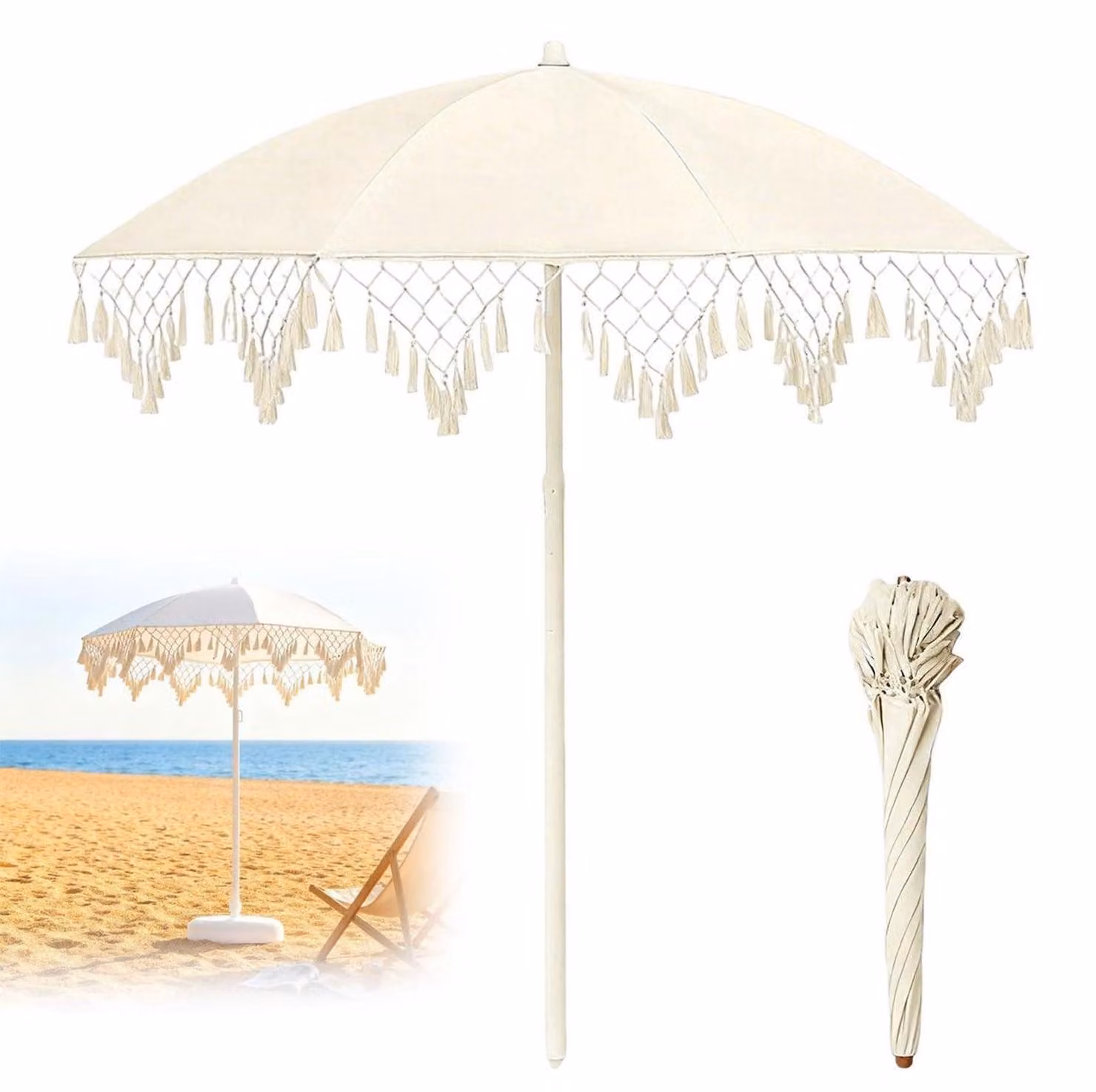 Ombrello con frange, stile bohémien, color avorio, 160 cm, protezione UV 50+, impermeabile