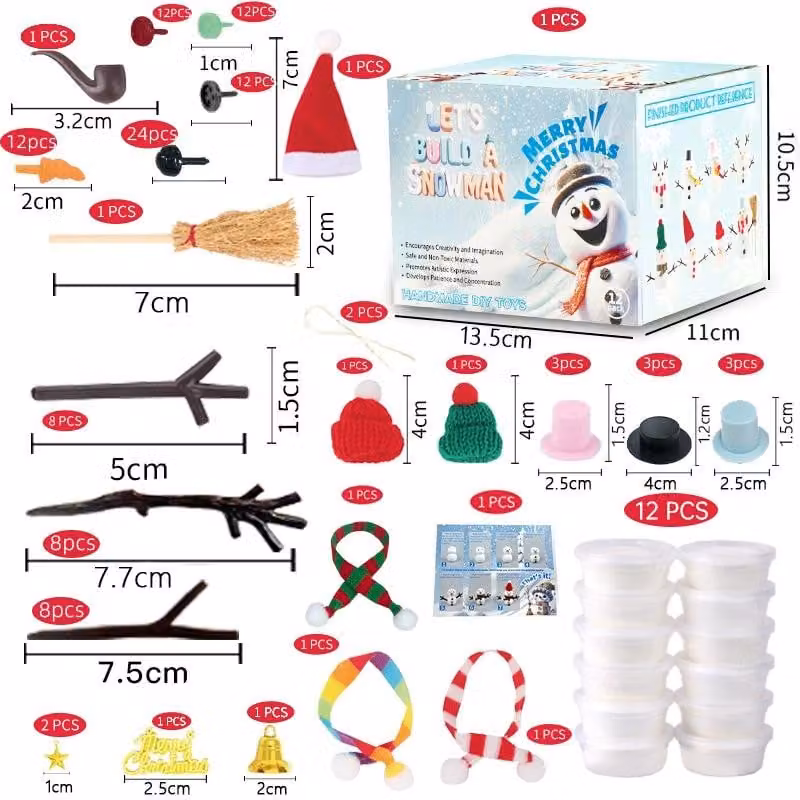 Calendario dell'Avvento a tema pupazzo di neve 2026 - 12 giorni di attesa per Natale - 131 pezzi - Pupazzo di neve da assemblare - Materiale plastico modellabile e accessori
